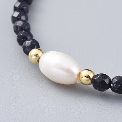 Blue Goldstone Synthetic Blue Goldstone Beads Stretch Bracelets, with Brass Beads and Natural Pearl Beads, 2-1/2 inch(6.4cm)