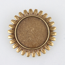 Antique Bronze Vintage Alloy Brooch Cabochon Bezel Settings, with Iron Pin Brooch Back Bar Findings, Flower, Cadmium Free & Nickel Free & Lead Free, Antique Bronze, Flat Round Tray: 25mm, 38x2mm, Pin: 0.6mm