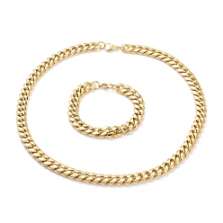 Golden Ion Plating(IP) 304 Stainless Steel Cuban Link Chain Bracelets & Necklaces Jewelry Sets, with Lobster Claw Clasps, Golden, 23.81 inch(60.5cm), 9-1/8 inch(23cm), Link: 15x12x5mm