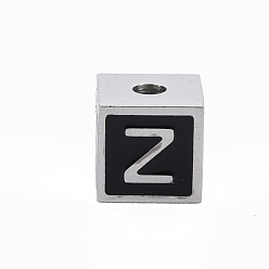 Letter A~Z 304 из нержавеющей стали бусы, с эмалью, розовые, куб с письмом, цвет нержавеющей стали, Письмо ~ Z, 7x7x7 мм, отверстие : 2 мм