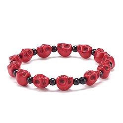 Red Natural Mashan Jade Skull & Synthetic Turquoise(Dyed) Beaded Stretch Bracelet, Gemstone Jewelry for Women, Red, Inner Diameter: 2-1/8 inch(5.5cm)