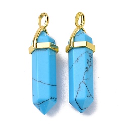 Synthetic Turquoise Synthetic Turquoise Pointed Pendants, with Random Brass Pendant Hexagon Bead Cap Bails, Golden, Bullet, 38.5~40x12~12.5x10~11mm, Hole: 3x4.5mm