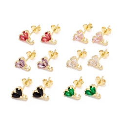 Mixed Color Rack Plating Brass Cubic Zirconia Stud Earrings Findings, Real 18K Gold Plated, with Loop, Cadmium Free & Lead Free, Heart, Mixed Color, 9x8.5mm, Hole: 1.5mm, Pin: 1mm