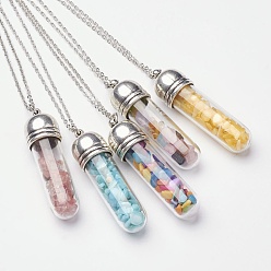 Mixed Stone Mixed Stone Pendant Necklaces, with Brass Cross/Cable Chain, Wishing Glass Bottle, Platinum, 17.71 inch
