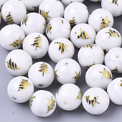 Golden Plated Christmas Opaque Glass Beads, Round with Electroplate Christmas Tree Pattern, Golden Plated, 10mm, Hole: 1.2mm