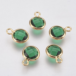 Sea Green Glass Charms, with Brass Findings, Faceted Flat Round, Real 18K Gold Plated, Sea Green, 9.5x7x3mm, Hole: 1.2mm