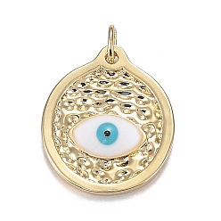Real 18K Gold Plated Brass Enamel Pendants, Long-Lasting Plated, Flat Round with Horse Evil Eye, White, Real 18K Gold Plated, 19.5x16.5x2.5mm, Hole: 3.5mm
