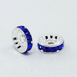 Sapphire Brass Grade A Rhinestone Spacer Beads, Silver Metal Color, Nickel Free, Sapphire, 10x4mm, Hole: 2mm