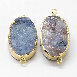 Cornflower Blue Electroplated Natural & Dyed Druzy Agate Links connectors, with Golden Plated Brass Findings, Oval, Cornflower Blue, 30~42x15~27x9~12mm, Hole: 2mm