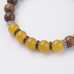 Topaz Jade Natural Lava Rock & Wenge Wood Beads & Coconut Stretch Bracelets, with Natural Topaz Jade and Alloy Findings, 2 inch(5~5.2cm)