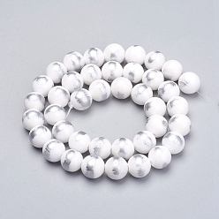 White Natural Jade Beads Strands,  Brushed Silver Color, Dyed, Round, White, 8mm, Hole: 0.8mm, about 50pcs/strand, 15.7 inch(40cm)