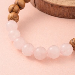 Rose Quartz Round Wood Beaded Stretch Bracelets, with Natural Rose Quartz Beads, 61mm