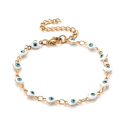 Blanc Coeur en émail avec bracelet chaînes à maillons mauvais œil, placage sous vide 304 bijoux en acier inoxydable pour femmes, or, blanc, 6-3/4 pouce (17.1 cm)
