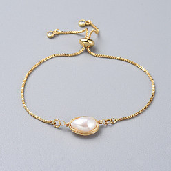 Golden Brass Slider Bracelets, Bolo Bracelets, with Natural Baroque Pearl Keshi Pearl Beads and Box Chains, Golden, Single Chain Length: about 4-3/4 inch(12cm)