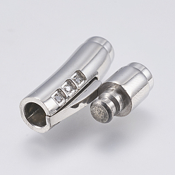 Stainless Steel Color 304 Stainless Steel Bayonet Clasps, with Rhinestone, Tube, Crystal, Stainless Steel Color, 31x7x8.5mm, Hole: 4mm