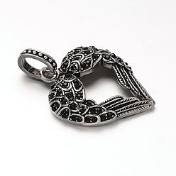 Jet Antique Silver Plated 304 Stainless Steel Rhinestone Pendants, Heart with WingJet, 39.5x31x7mm, Hole: 6.5x10mm