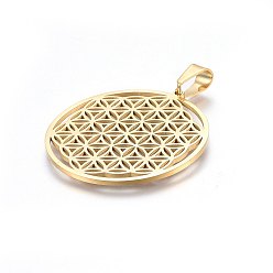 Golden 304 Stainless Steel Pendants, Spiritual Charms, Flat Round with Flower of Life/Sacred Geometry, Golden, 42x39x1.2mm, Hole: 8x6mm