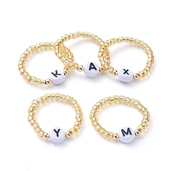 Gold Glass Seed Beads Stretch Finger Rings, with Golden Plated Brass Beads and Letter Acrylic Beads, Gold, Size 10,  Inner Diameter: 20mm