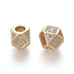 Real 18K Gold Plated Brass Micro Pave Cubic Zirconia Beads, Polygon, Clear, Real 18K Gold Plated, 6.5~7x6.5~7x6.5~7mm, Hole: 3mm, Diagonal Length: 9mm