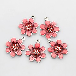 Light Coral Antique Silver Tone Alloy Enamel Flower Pendants, with Rhinestones, Light Coral, 25x22x2.5mm, Hole: 2mm