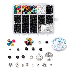 Antique Silver DIY Chakra Stretch Bracelet Making Kits, with Elastic Crystal Thread, Round Lava Rock Gemstone & Glass Beads, Alloy Pendants & Beads, Antique Silver