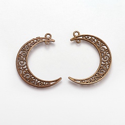 Antique Bronze Tibetan Style Alloy Hollow Moon  2-Loop Link Pendants, Cadmium Free & Nickel Free & Lead Free, Antique Bronze, 37x8x2mm, Hole: 1~3mm