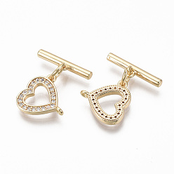 Real 18K Gold Plated Brass Micro Pave Clear Cubic Zirconia Toggle Clasps, with Jump Rings, Nickel Free, Heart, Real 18K Gold Plated, Total Length: 17mm, Bar: 15x4x2mm, Hole: 1mm, Heart: 11.5x12x1.5mm, Hole: 1mm