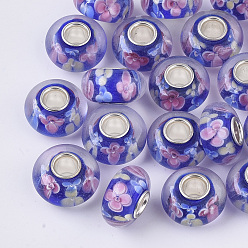 Blue Handmade Lampwork European Beads, Inner Flower, Large Hole Beads, with Silver Color Plated Brass Single Cores, Rondelle, Blue, 14x7.5mm, Hole: 4mm