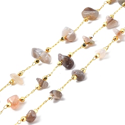 Botswana Agate Handmade Beaded Chain, with Brass Cable Chain & Chip Natural Botswana Agate Link Chain, Long-Lasting Plated, Soldered, Golden, 3~8x3~16mm, 32.80Feet/roll(10m/roll)