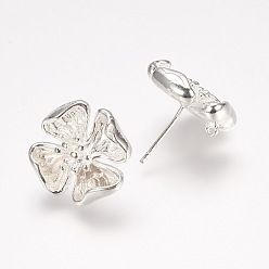 Silver Rack Plating Brass Stud Earring Findings, with Loop, Flower, Silver Color Plated, 16x16x4.5mm, Hole: 0.5mm, pin: 0.5mm