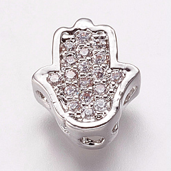 Platinum Brass Cubic Zirconia Beads, Hamsa Hand/Hand of Fatima/Hand of Miriam, Clear, Platinum, 9.5x8.5x4mm, Hole: 2mm