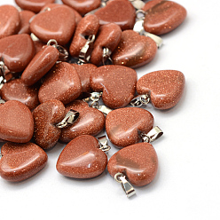 Goldstone Heart Synthetic Goldstone Pendants, with Platinum Tone Brass Findings, 17~19x15~16x5~8mm, Hole: 2x7mm