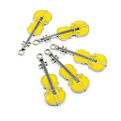 Yellow Violin Antique Silver Tone Alloy Enamel Pendants, Yellow, 50x18x2mm, Hole: 3mm