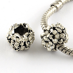 Crystal Antique Silver Plated Alloy Rhinestone Flower Large Hole European Beads, Crystal, 11x8mm, Hole: 5mm
