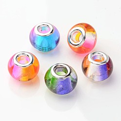 Mixed Color Spray Painted Two Tone Glass European Beads, with Brass Cores, Large Hole Beads, Rondelle, Silver Color Plated, Mixed Color, 15x12mm, Hole: 5mm