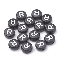 Letter R Opaque Acrylic Beads, Horizontal Hole, Alphabet Style, Flat Round, Letter.R, 7x4mm, Hole: 1.5mm, about 3700pcs/500g