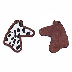 Black Eco-Friendly Cowhide Leather Big Pendants, with Dyed Wood, Horse's Head with Cow Pattern, Black, 53.5x42x3mm, Hole: 2mm