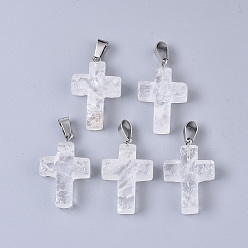 Quartz Crystal Natural Quartz Crystal Pendants, with Stainless Steel Peg Bails, Cross, Stainless Steel Color, 28~30x18x6mm, Hole: 7x3.5mm
