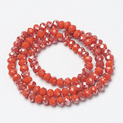 Orange Red Electroplate Opaque Solid Color Glass Beads Strands, Half Plated, Rainbow Plated, Faceted, Rondelle, Orange Red, 4x3mm, Hole: 0.4mm, about 123~127pcs/strand, 16.5~16.9 inch(42~43cm)