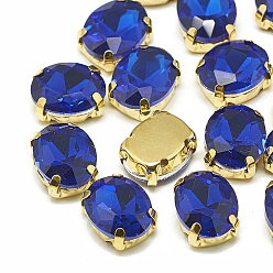 Sapphire Sew on Rhinestone, Multi-strand Links, Glass Rhinestone, with Brass Prong Settings, Garments Accessories, Faceted, Oval, Golden, Sapphire, 14x10x6.5mm, Hole: 1mm