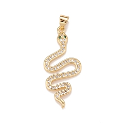 Clear Brass Micro Pave Cubic Zirconia Pendants, Real 18K Gold Plated, Lead Free & Cadmium Free, Snake, Clear, 34x15x3mm, Hole: 4x3mm