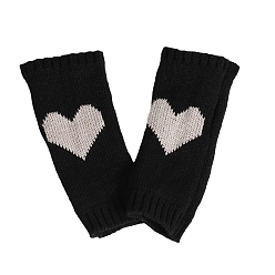 Noir Gants sans doigts à tricoter en fils de fibres de polyacrylonitrile, gants chauds d'hiver bicolores avec trou pour le pouce, motif de coeur, noir et blanc, 190x70mm