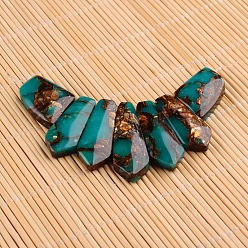 Teal Assembled Dyed Synthetic Imperial Jasper and Bronzite Pendants, Graduated Fan, Faceted, Teal, 20~45x15~26x6~7mm, Hole: 2mm, 7pcs/set