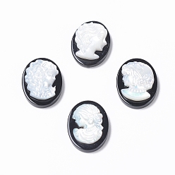 Black Agate Natural Black Agate Cameo Cabochons, with Shell, Oval with Women Portrait, White, 18x13x4~4.5mm