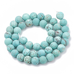 Turquoise Natural Magnesite Beads Strands, Frosted, Round, Dyed & Heated, Turquoise, 8mm, Hole: 1mm, about 47pcs/strand, 15.5 inch