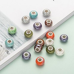 Mixed Color Handmade Porcelain European Beads, with Silver Color Brass Double Cores, Rondelle, Mixed Color, 15x10~11mm, Hole: 5mm