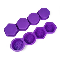 Blue Violet DIY Soap Silicone Molds, for Handmade Soap Making, Flat Round & Hexagon with Sakura Pattern, Blue Violet, 325x90x30mm, Inner Diameter: 65~68x68~73x29mm