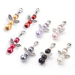 Mixed Color Alloy Pendants, with Brass Lobster Claw Clasps and Glass Pearl, Angel, Antique Silver, Mixed Color, 47mm