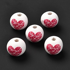 Blanc Perles européennes en bois imprimées, Perles avec un grand trou   , ronde avec motif coeur, teint, blanc, 16x15mm, Trou: 4mm