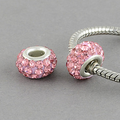 Light Rose Polymer Clay Grade A Rhinestone Rondelle European Beads, with Double Brass Silver Color Plated Core, Large Hole Beads, Light Rose, 12x7mm, Hole: 5mm